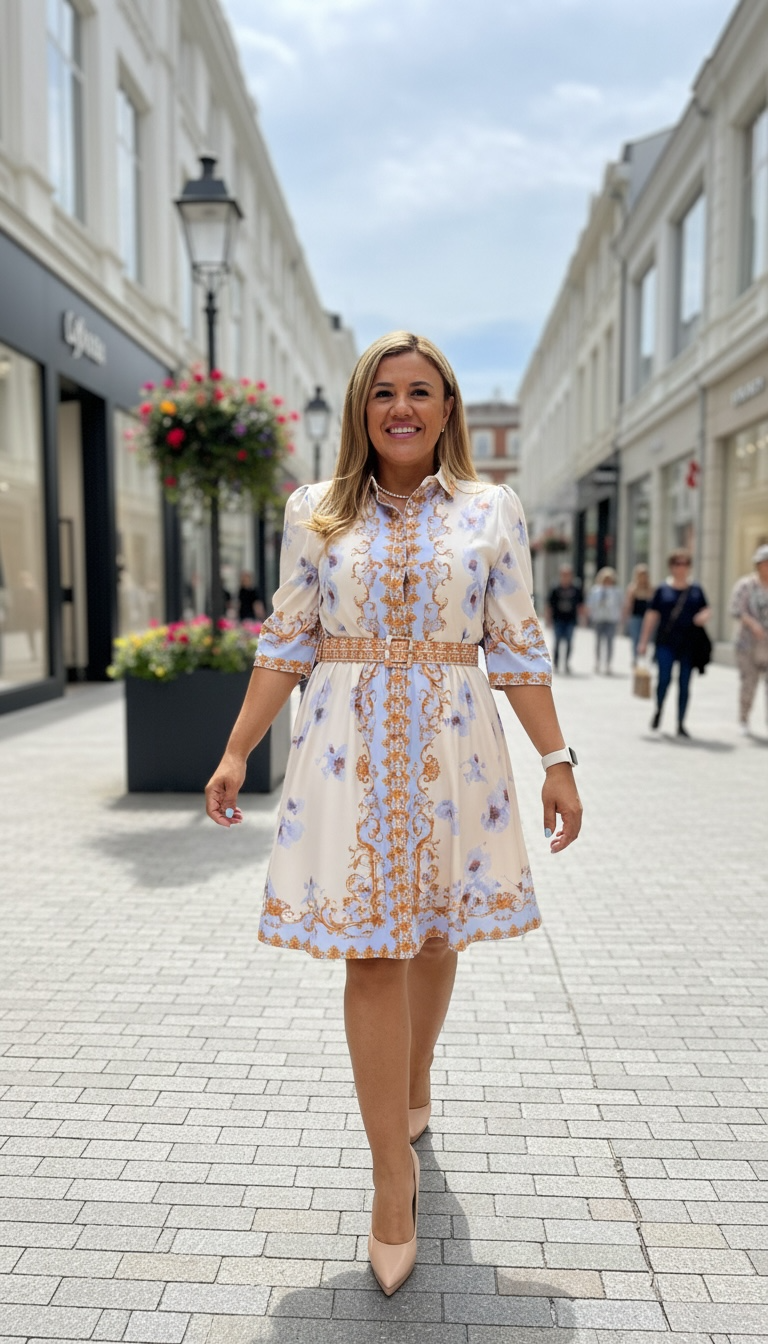 Vestido Beige con Flores Estampado con Azul y con Cinto